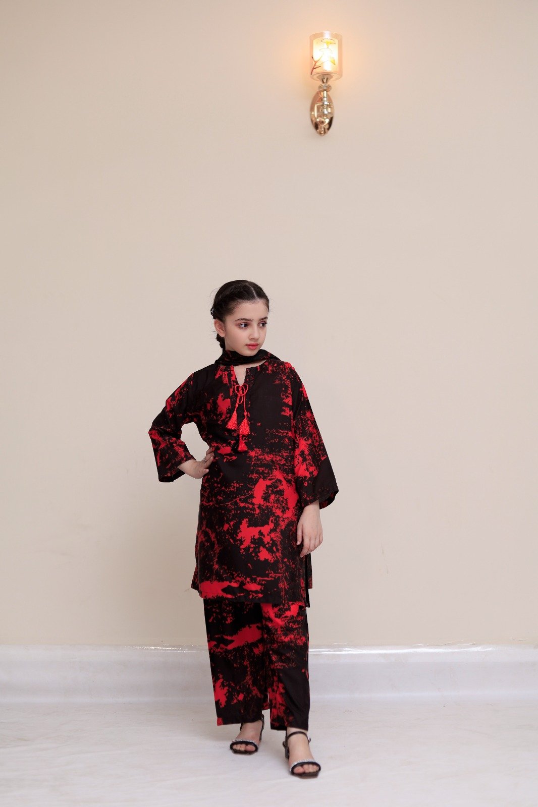 Girls Black & Red Printed 3 Pc Set