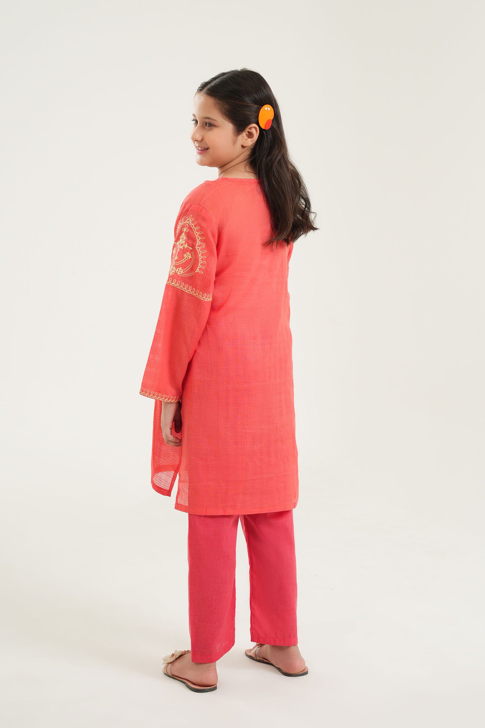 Girls Coral Pink Embroidered 2 PC Set - Image 4
