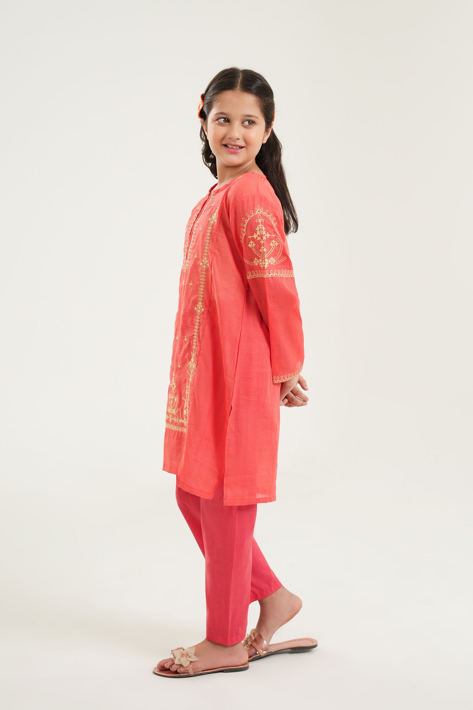 Girls Coral Pink Embroidered 2 PC Set - Image 3