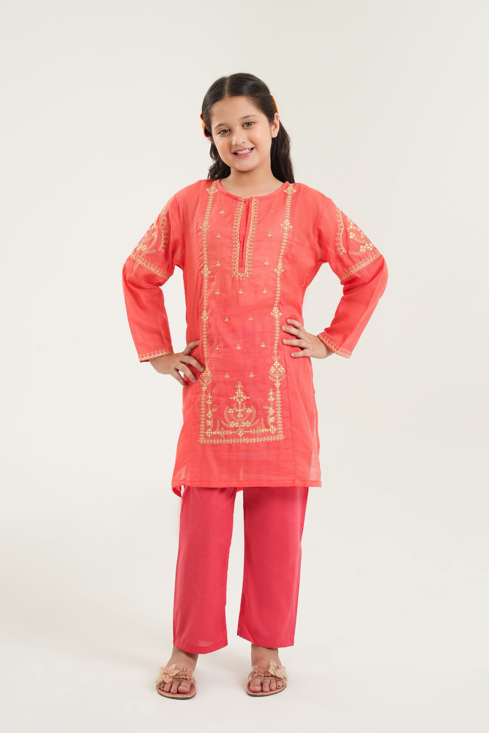 Girls Coral Pink Embroidered 2 PC Set - Image 2