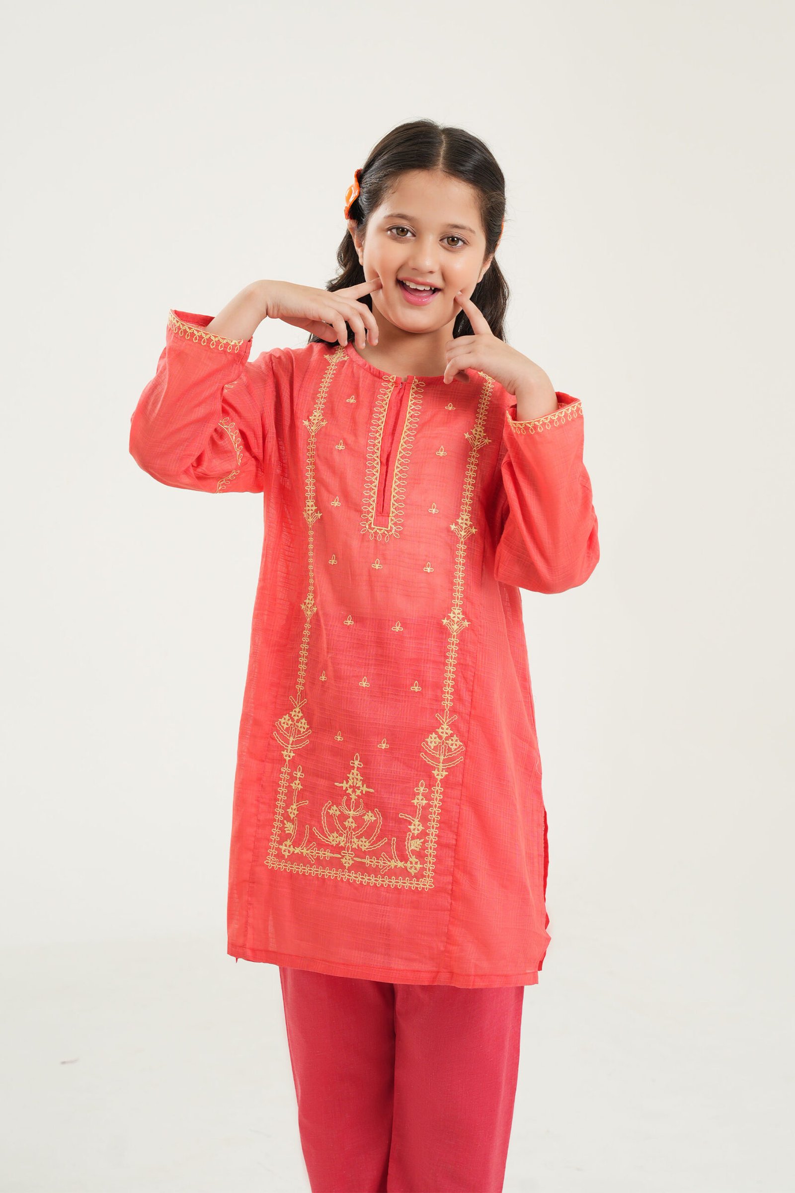 Girls Coral Pink Embroidered 2 PC Set