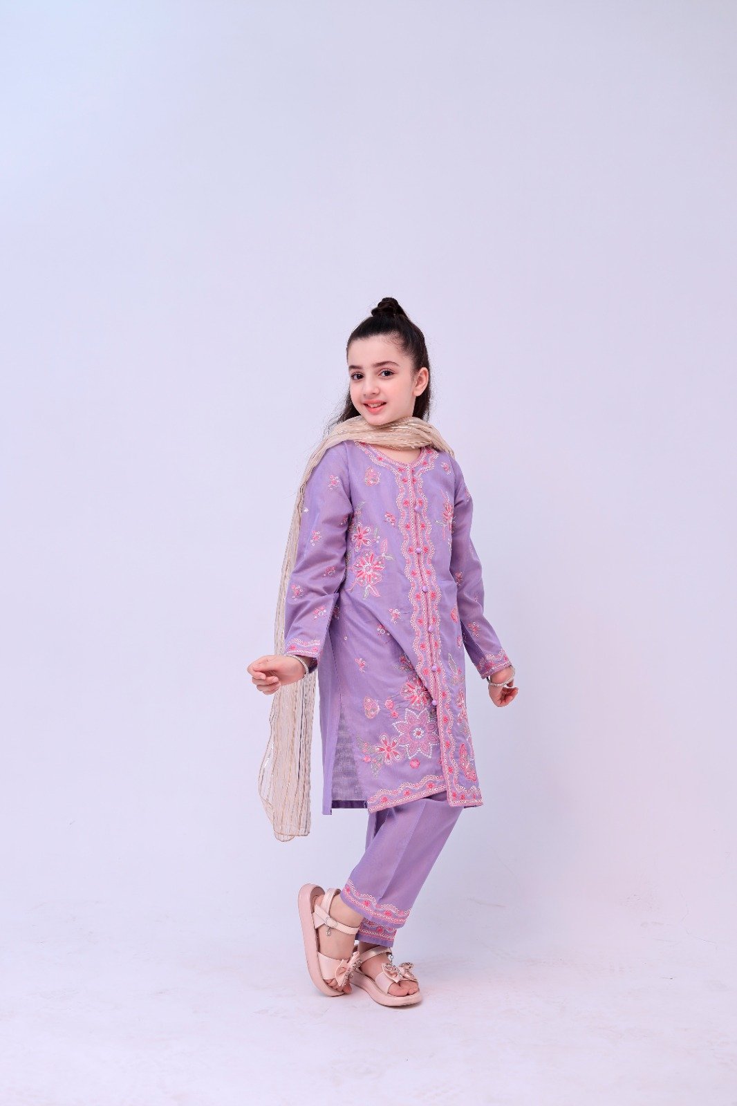 Girls Lavender Embroidered Suit 3PC - Image 4