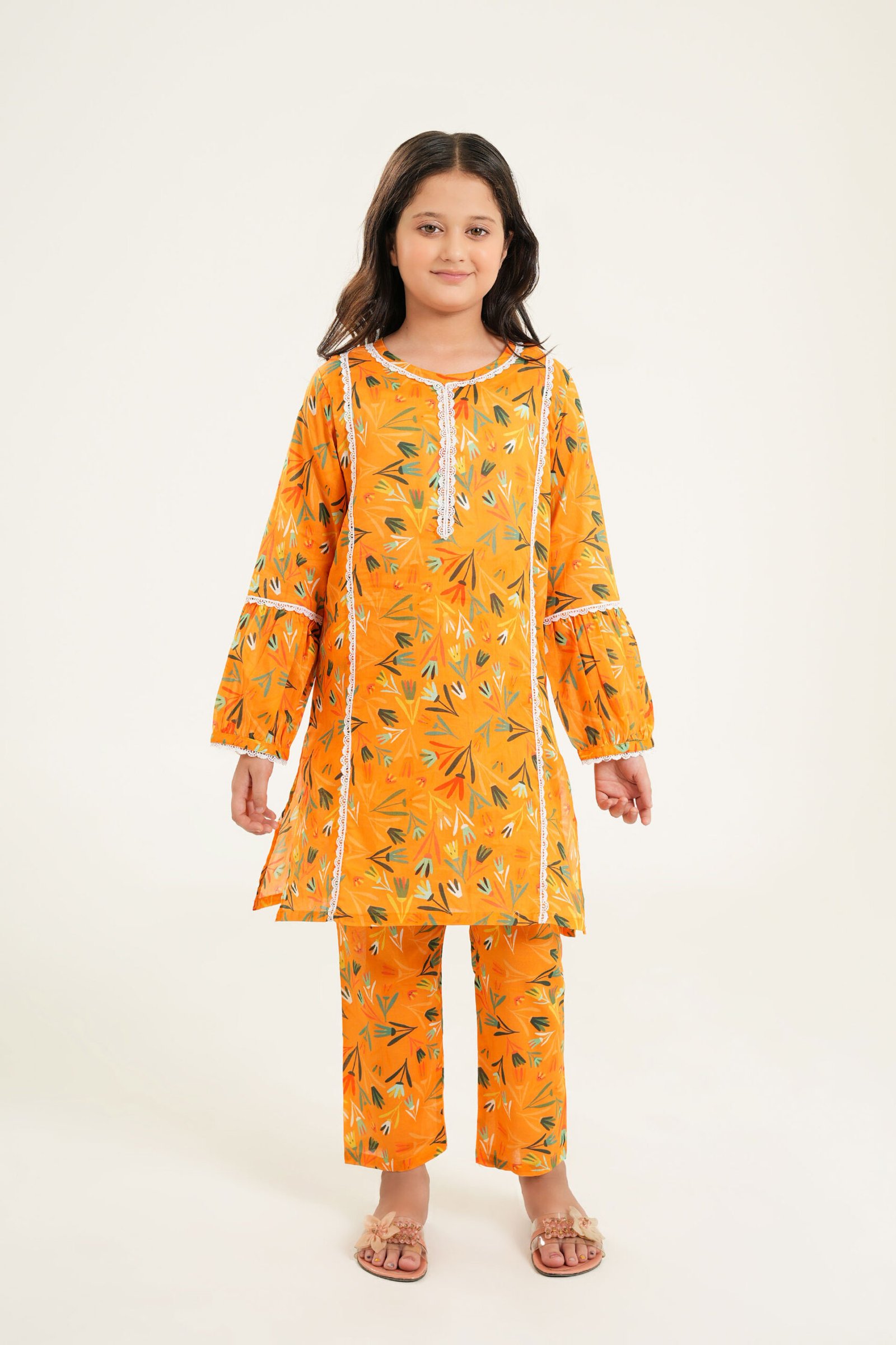 Girls Mustard Yellow Printed Kurta Set - Image 4