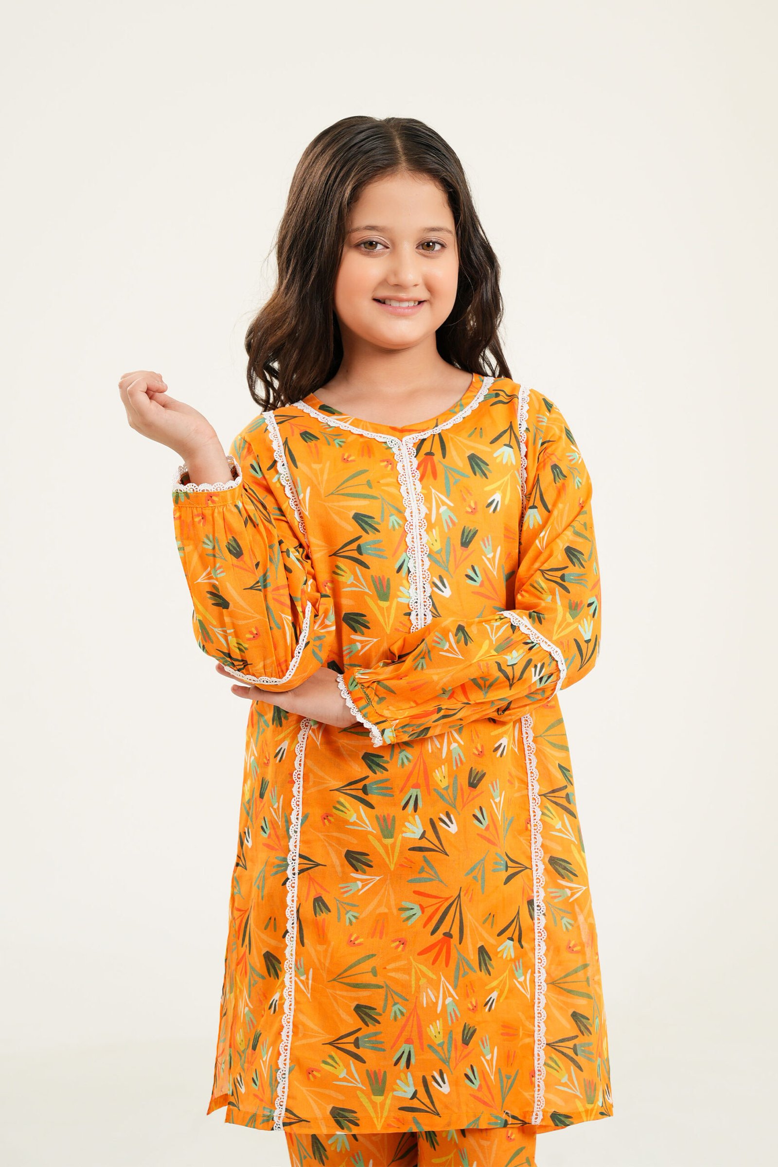 Girls Mustard Yellow Printed Kurta Set