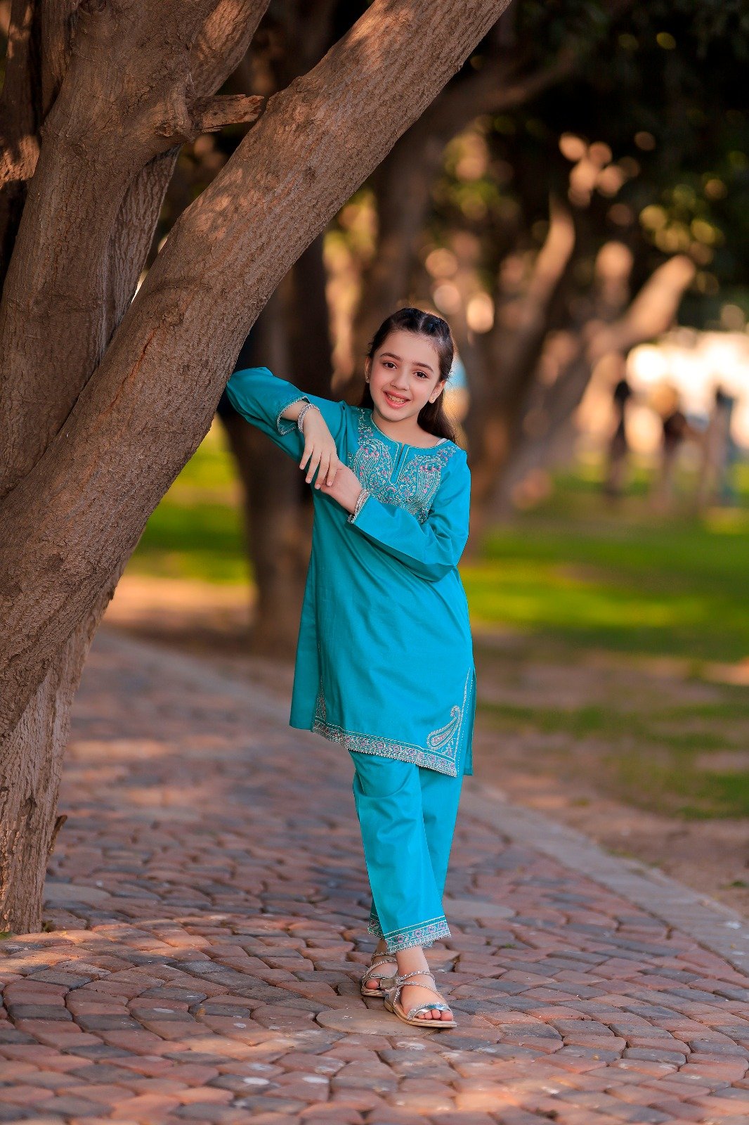 Girls Teal Blue Embroidered Suit 2PC