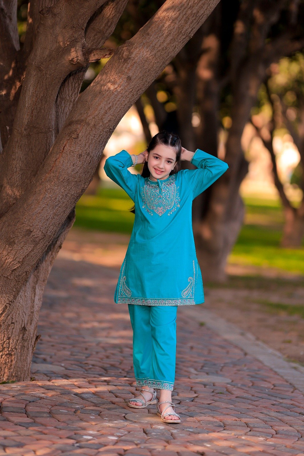 Girls Teal Blue Embroidered Suit 2PC - Image 5