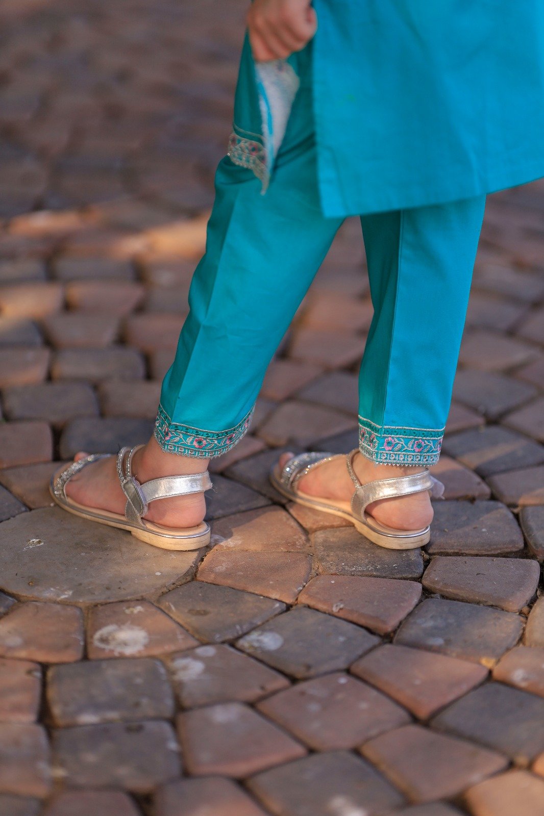 Girls Teal Blue Embroidered Suit 2PC - Image 4