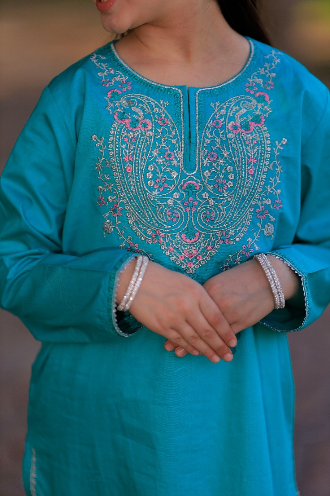 Girls Teal Blue Embroidered Suit 2PC - Image 2