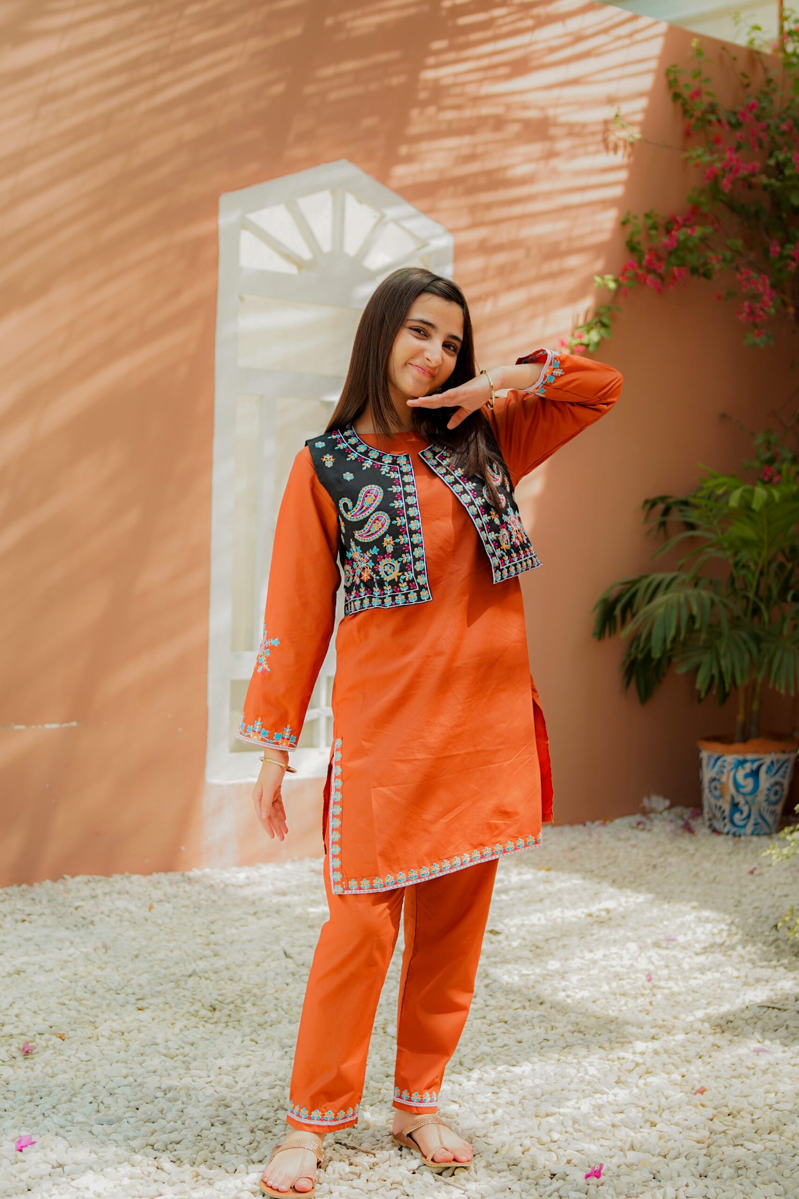 Embroidered Kurti with Trousers & Black Waistcoat